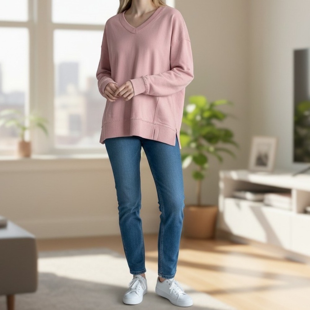 Arizona Jean Co Sweatshirt Small British Pink V-Neck French Terry Pullover